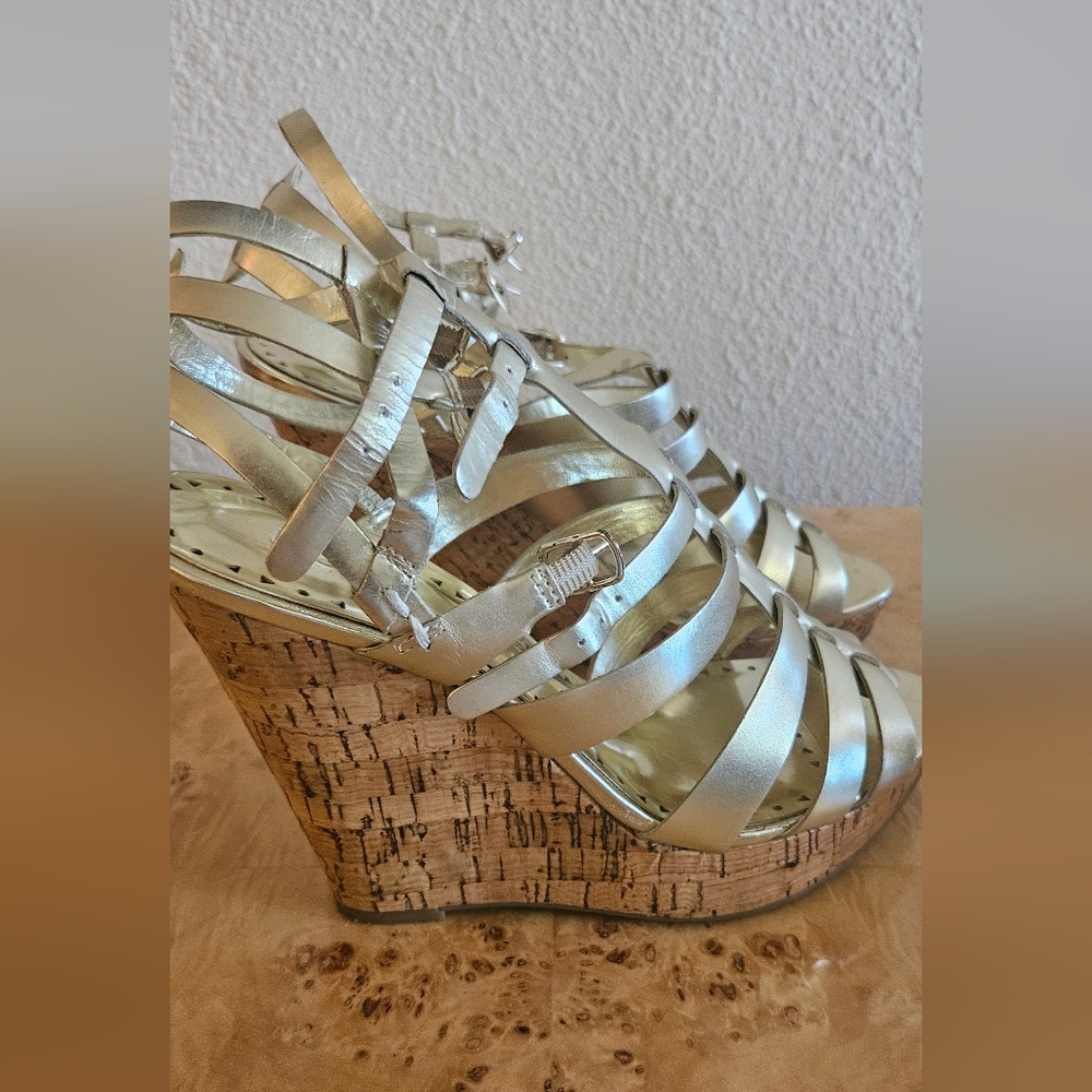 Metallic Strappy Cork Wedge Sandals - Gold